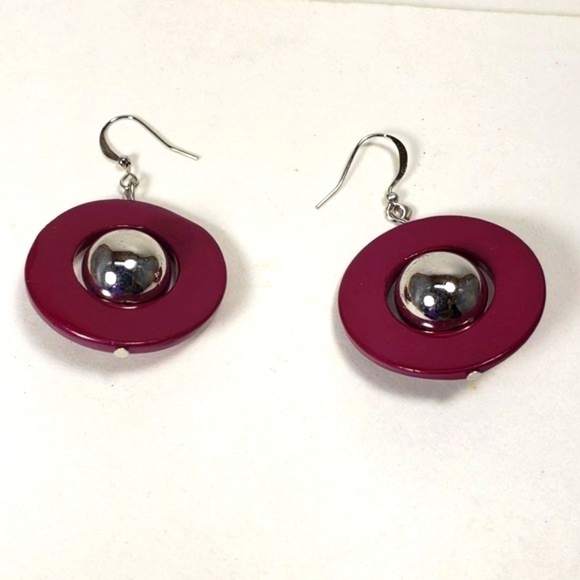 Polished Silver tone Bead Burgundy Purple Hoop Teardrop Earrings for Women - Picture 1 of 6